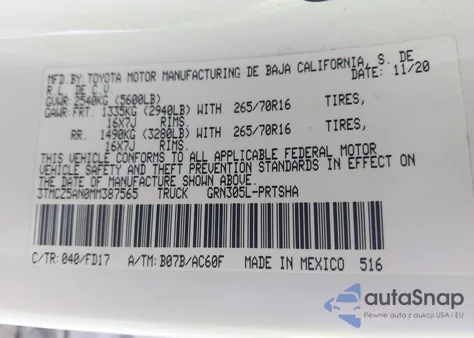 2021 Toyota Tacoma Trd Off-Road z USA, uszkodzony, nr VIN 3TMCZ5AN0MM387565